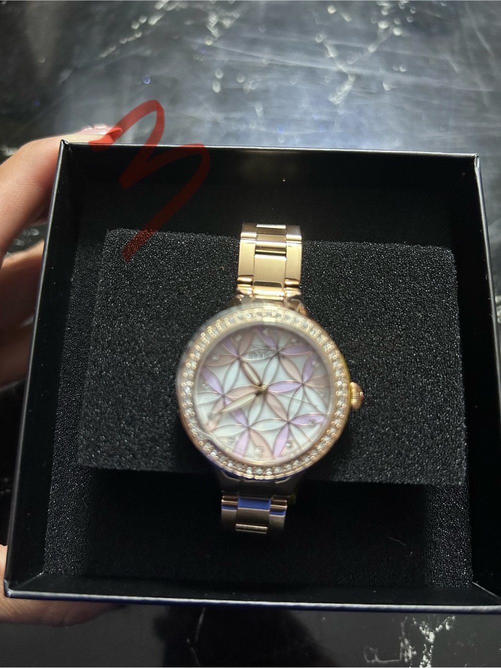 Women’s Rose Gold Floral Mother-of-Pearl Watch with Crystal Bezel